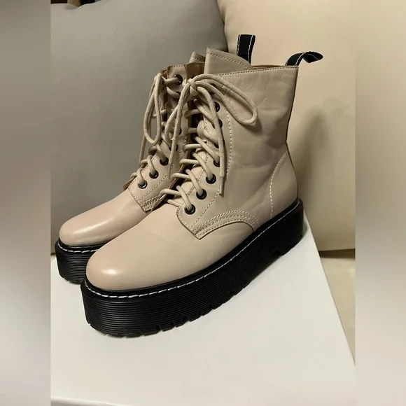NIB Jo Mercer Real Nude Beige Leather upgraded Dr. Martens Lace Up Boots 38 7 - Picture 2 of 7